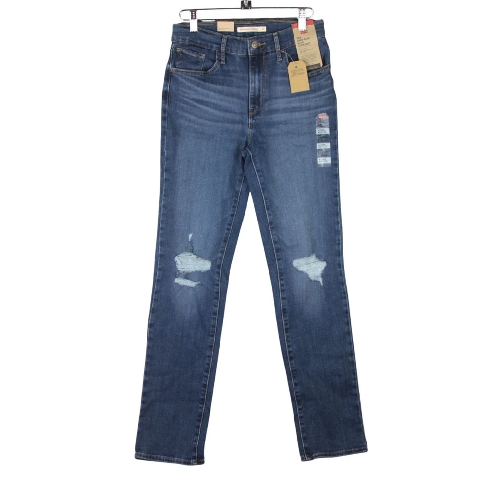 Leviโs Women 724 High Rise Slim Straight Jeans 4 Long 27x32 NWT Blue Distressed